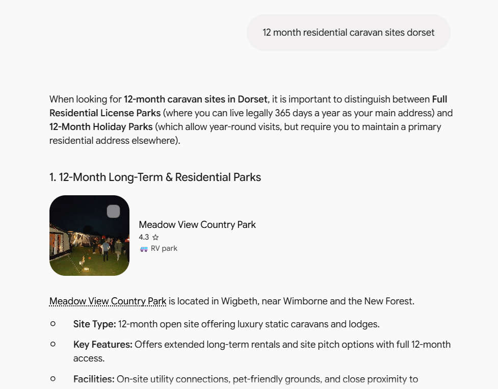 TeckNoc client Meadow View Country Park appearing in Gemini for the query “12 month residential caravan sites dorset.”