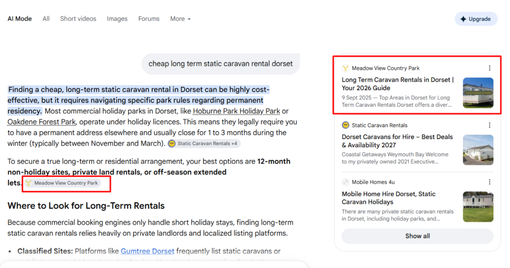 Meadow View Country Park being mentioned and cited in Google AI Mode for a relevant commercial search.